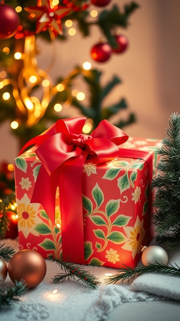 A colorful Christmas gift box with a red bow surrounded by holiday decorations.